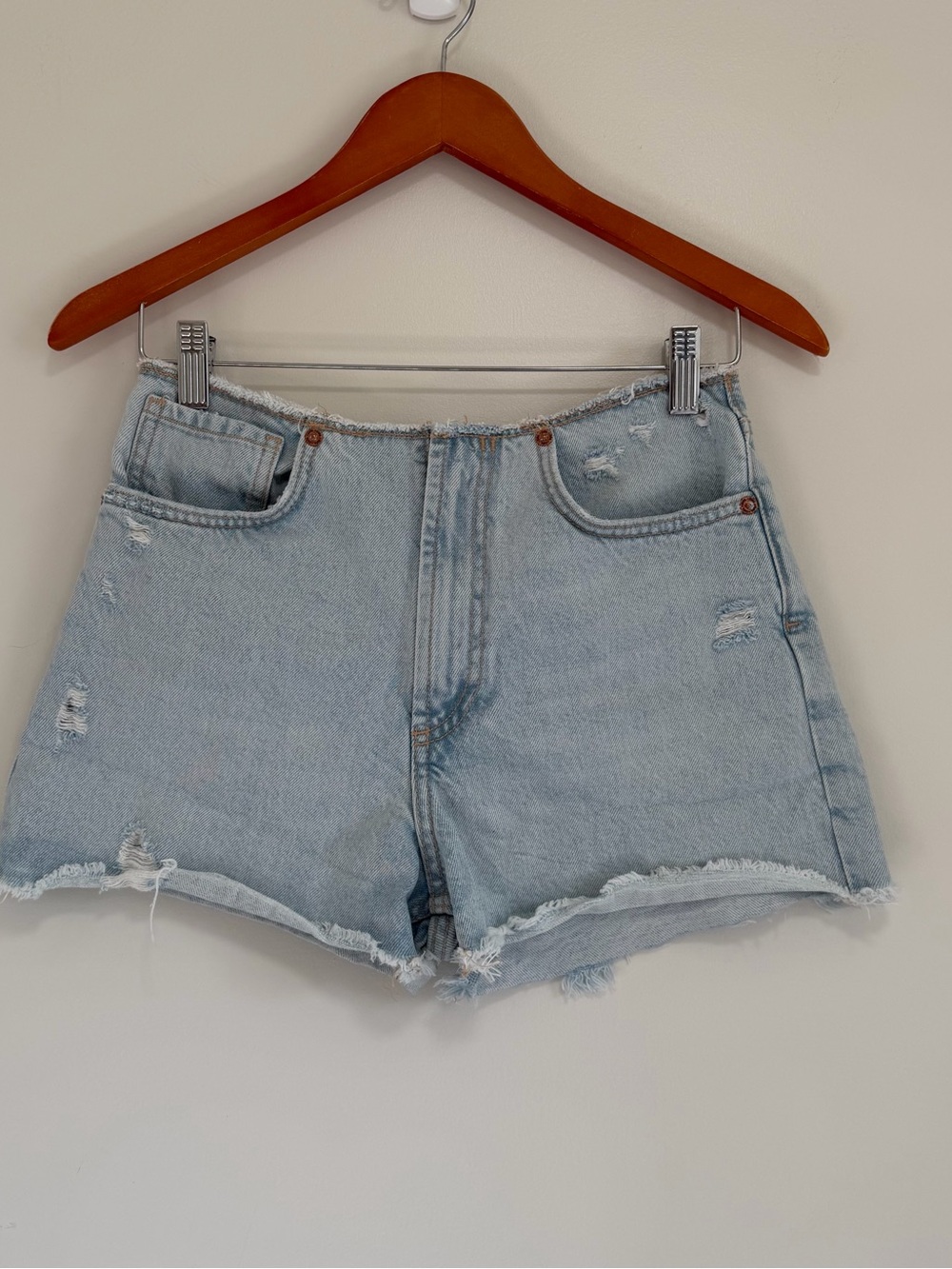 Zara Distressed Denim Shorts Size 2 Light Blue Frayed Raw Cutoff High Rise Jeans